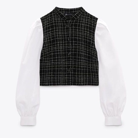 ZARA Black & White Plaid Cropped Vest with White Puff Sleeves - Picture 2 of 11